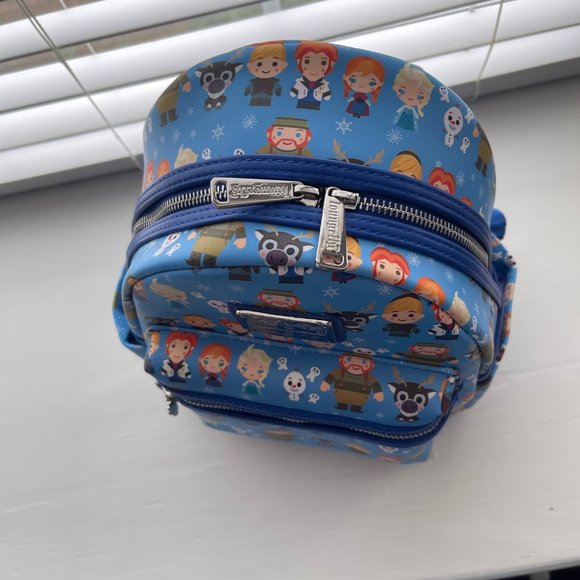 Loungefly Disney Frozen Elsa Anna Sven Olaf Print Chibi Mini Blue Backpack